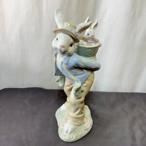 Easter Rabbit Baby Bunny Basket Ceramic Figurine Decor Glossy Pastel 10.75" Tall